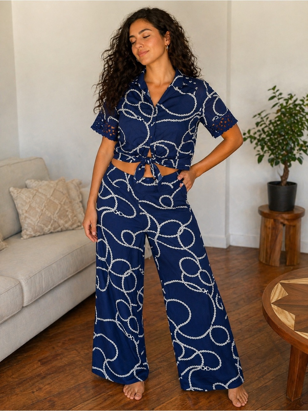 Navy Rope Print Two-Piece Set – Chic Tie-Front Top & Wide Leg Pants